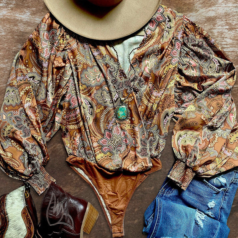 Paisley Print Balloon Sleeve Bodysuit