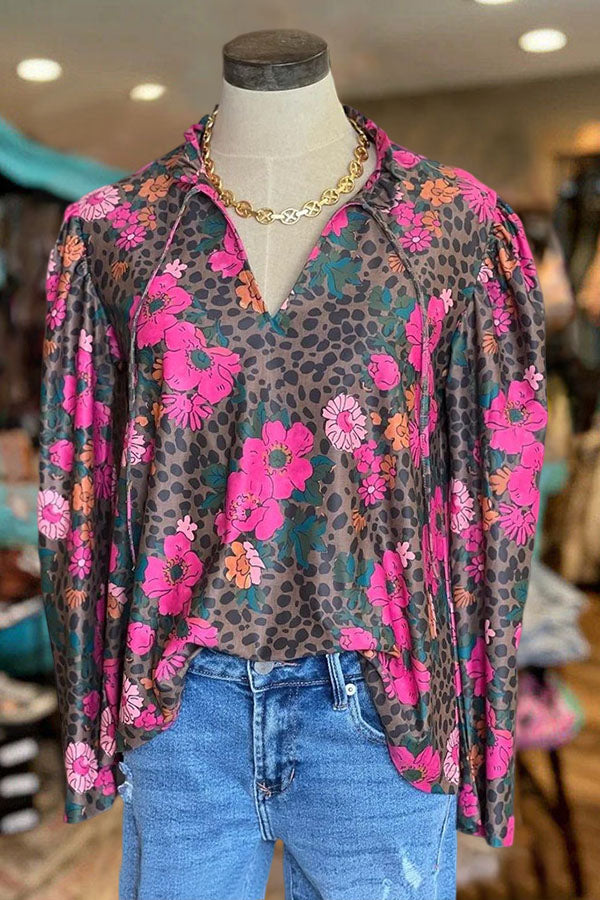 Floral Leopard Ruffle Neck Top
