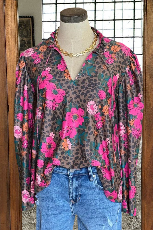 Floral Leopard Ruffle Neck Top