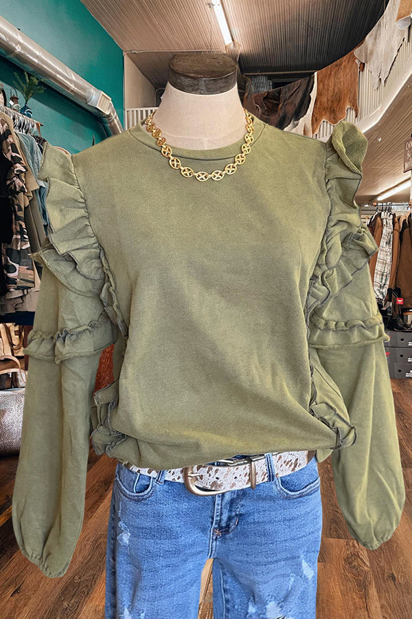 Ruffle Sleeve Terry Wash Sweatshirt