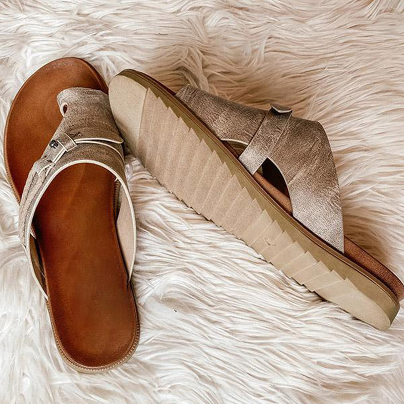 Casual Plain Buckle Peep Toe Flip Flops