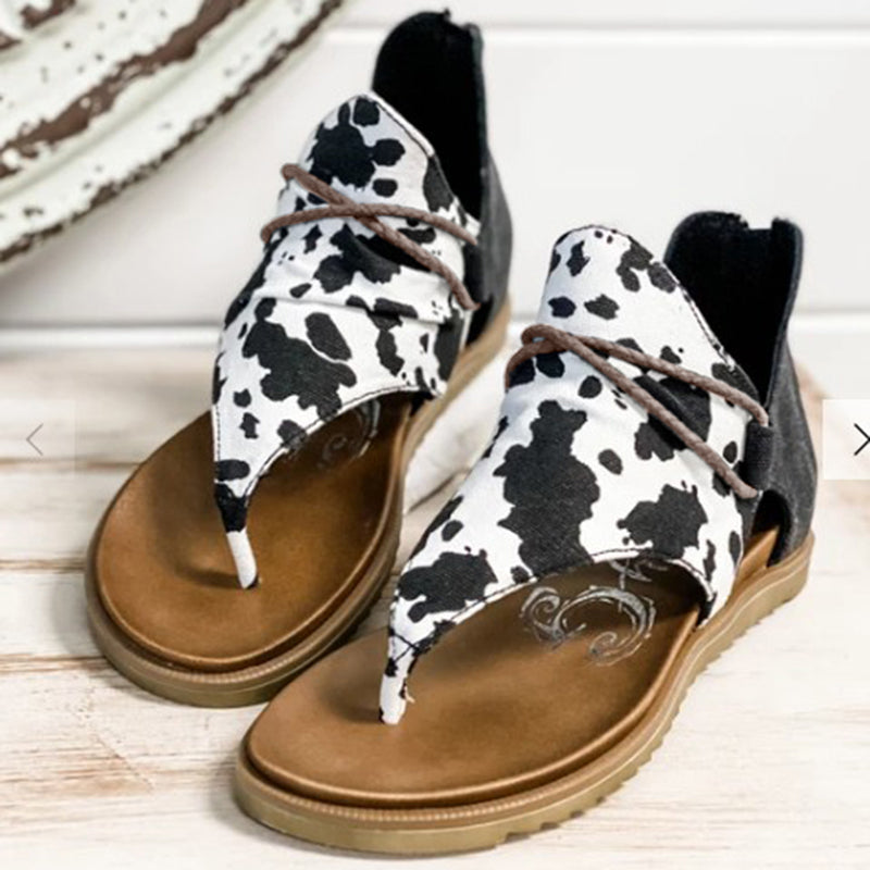 Casual Animal Print Cow Pattern Peep Toe Flat Sandals