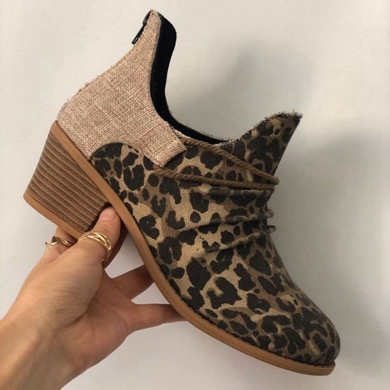 Canvas Stitching Leopard Print Chunky Heel Boots