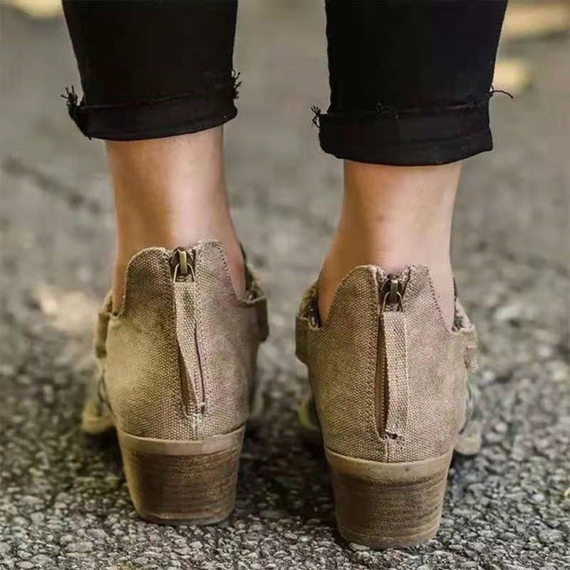 Canvas Stitching Leopard Print Chunky Heel Boots