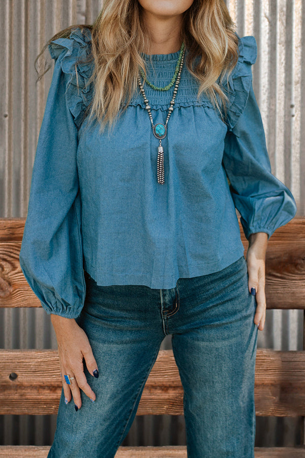 Shirred Ruffled Balloon-sleeve Top