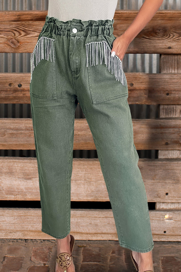 Casual Rhinestone Fringe Pants