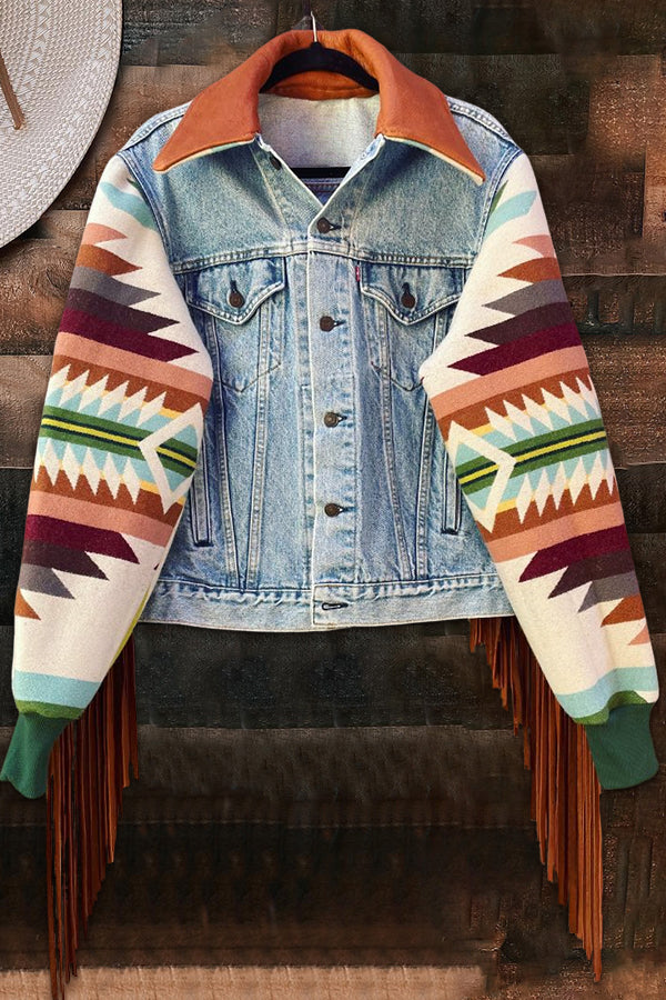 Vintage Washed Aztec Print Patchwork Denim Jacket