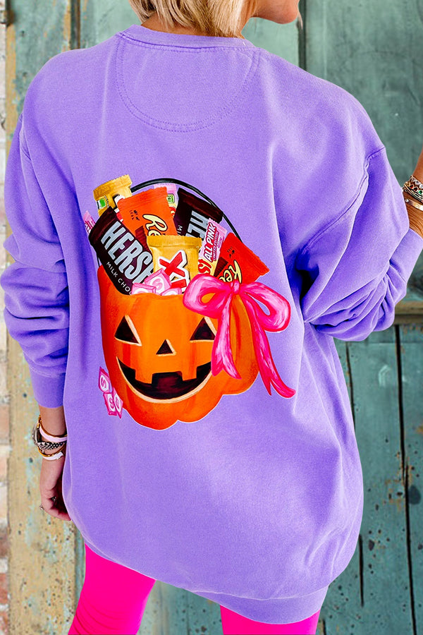 Casual Pumpkin Basket Print Crew Neck Sweatshirt
