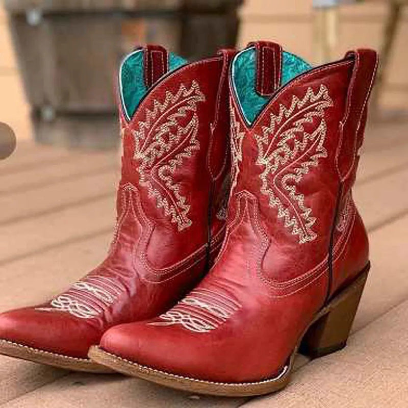 Embroidered Mid-Heel Leather Boots