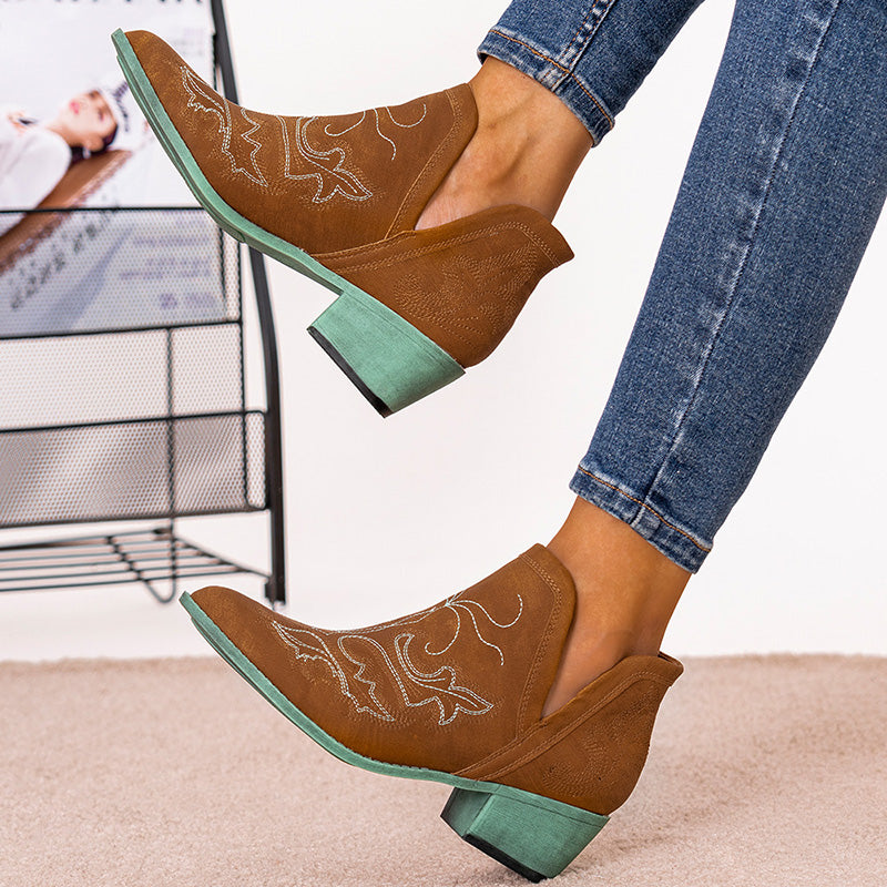 Brown Embroidered Chunky Heel Leather Boots