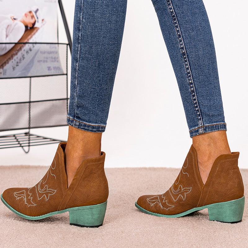 Brown Embroidered Chunky Heel Leather Boots