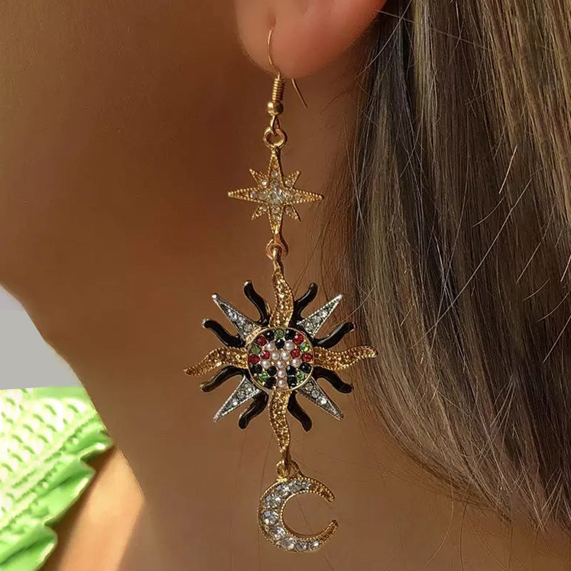Asymmetric Sun Diamond Alloy Long Earrings