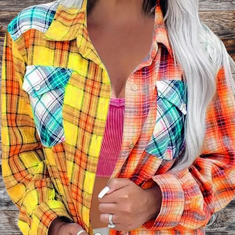 Colorblock Plaid Print Button Down Shirt