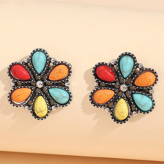 Colorful Flower Turquoise Stud Earrings