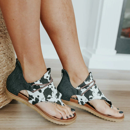 Casual Animal Print Cow Pattern Peep Toe Flat Sandals