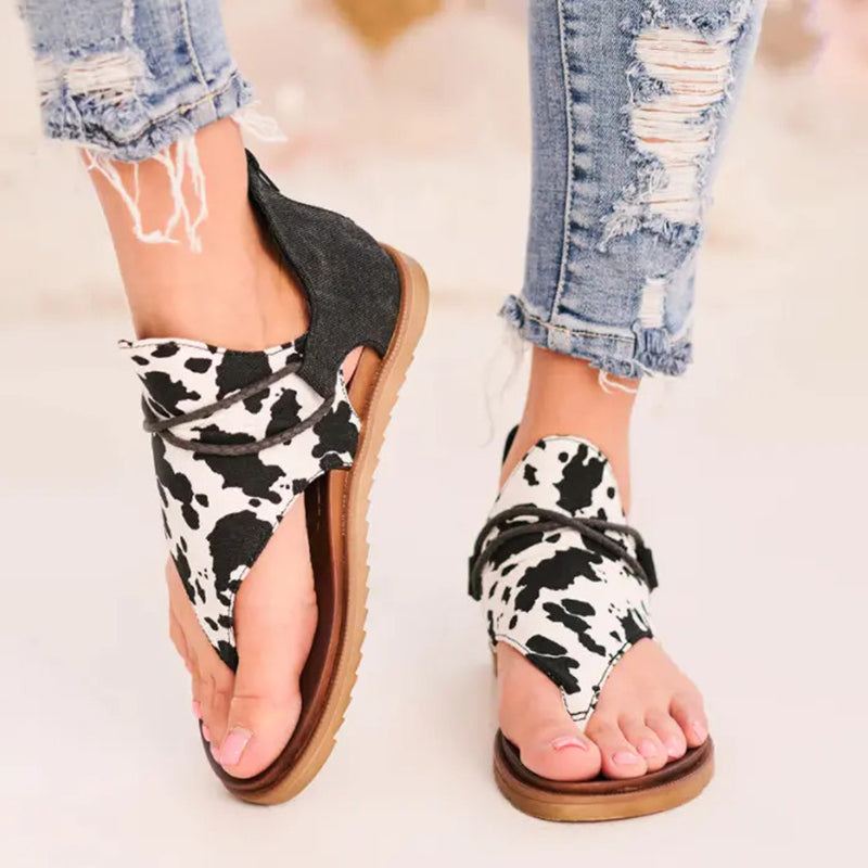 Casual Animal Print Cow Pattern Peep Toe Flat Sandals