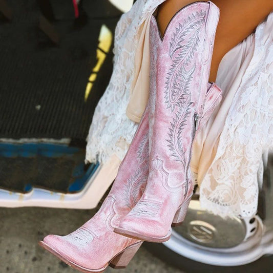 Pink Artificial PU Block Heel High Boots