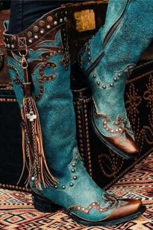 Blue Artificial PU Stitched Rivet High Boots