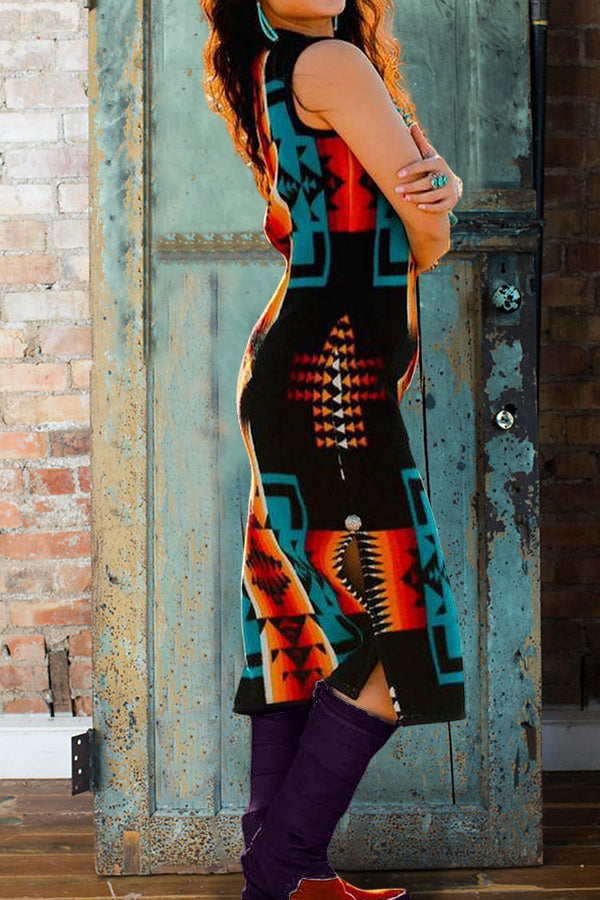 Aztec Print One-Shoulder Woolen Midi Dress