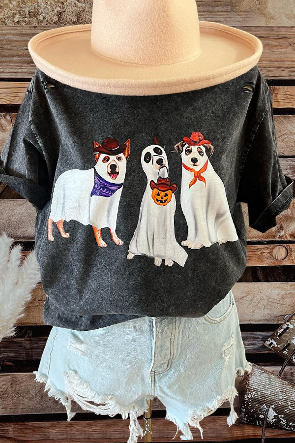Distressed Ripped Ghost Dog Halloween Washed T-Shirt