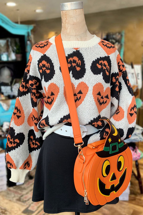 Loose Contrasting Color Love Heart Pumpkin Expression Print Sweater