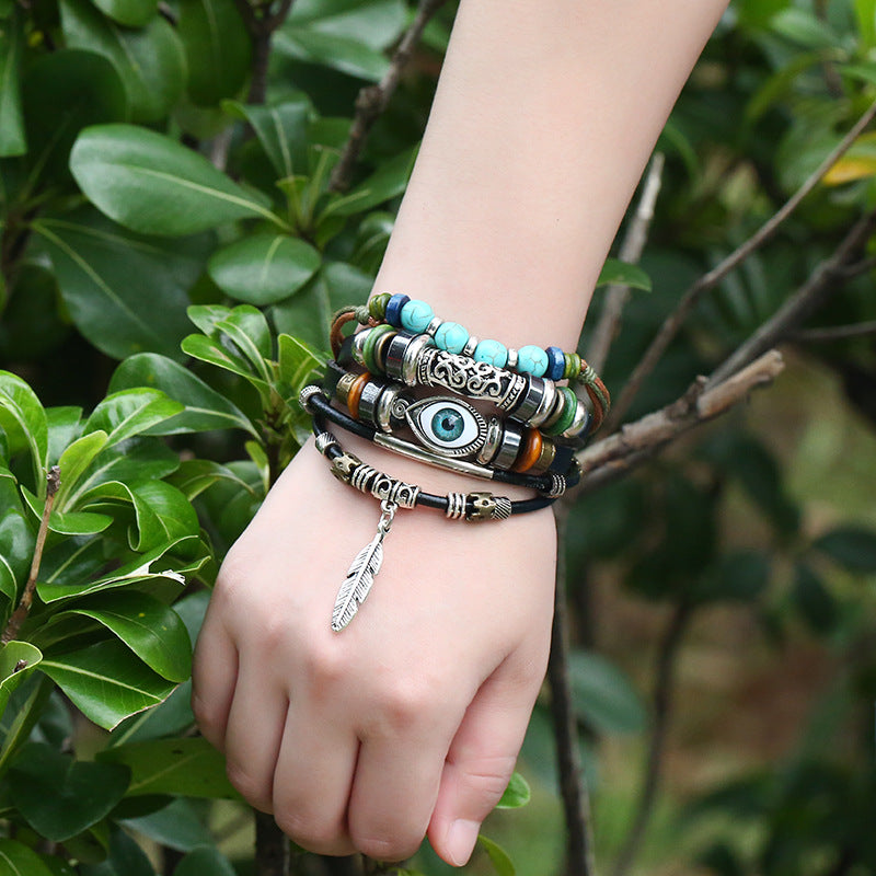 Blue Eyes Multi-layer Beaded Cowhide Bracelet