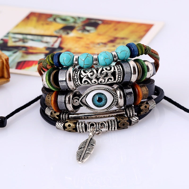 Blue Eyes Multi-layer Beaded Cowhide Bracelet