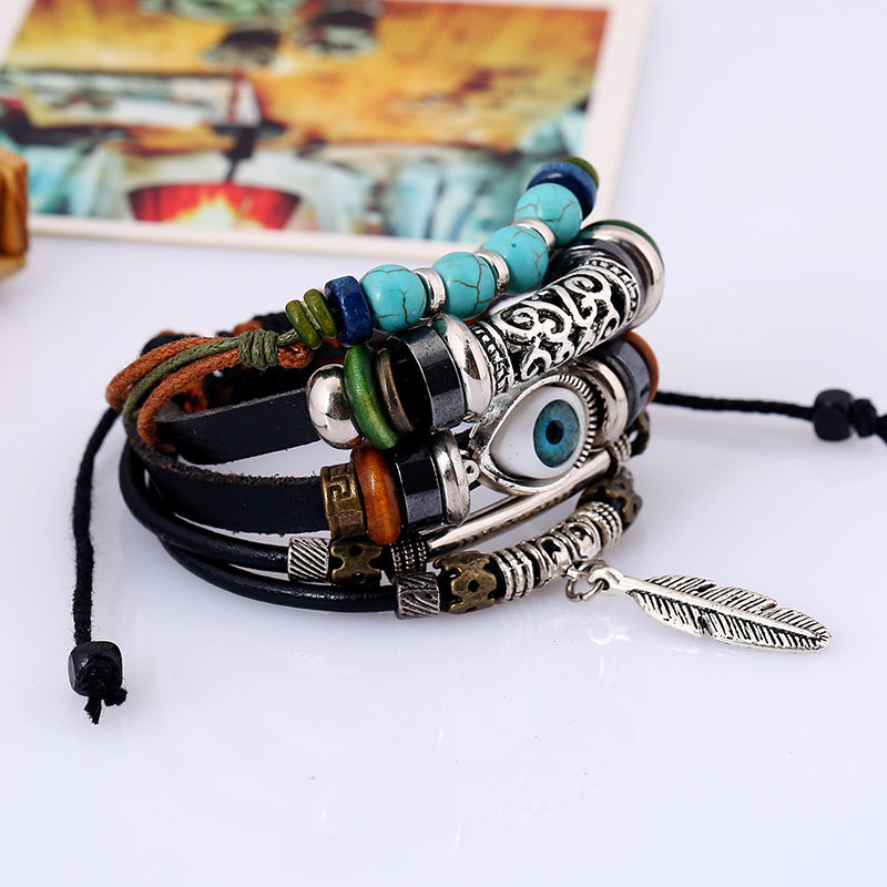 Blue Eyes Multi-layer Beaded Cowhide Bracelet