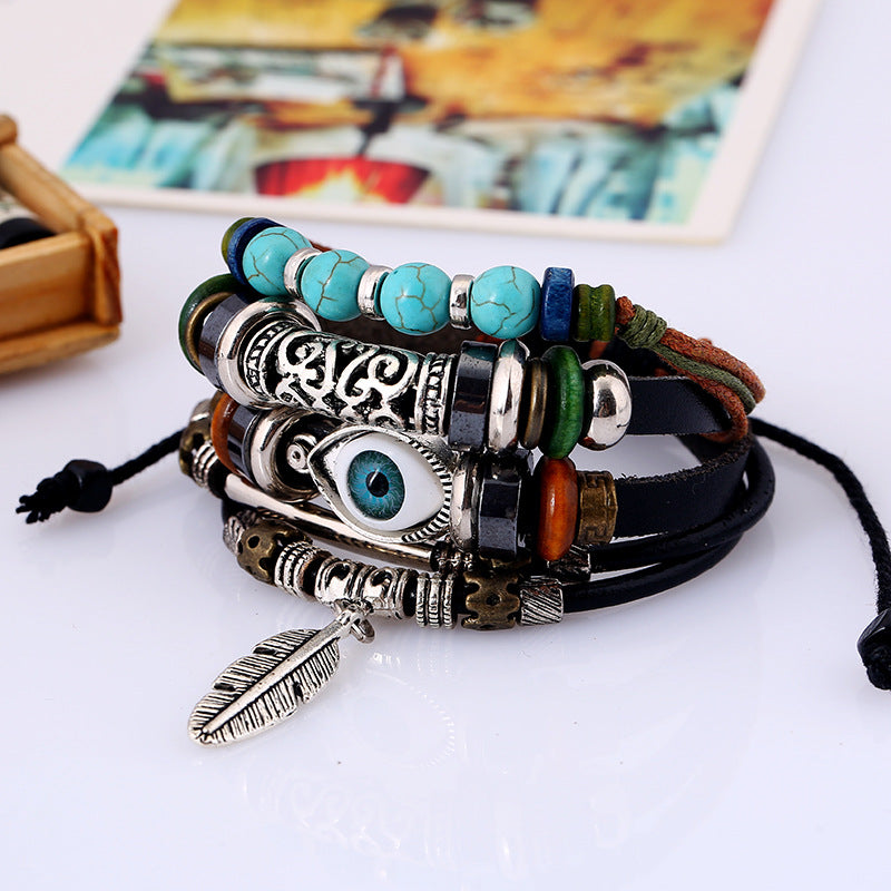 Blue Eyes Multi-layer Beaded Cowhide Bracelet