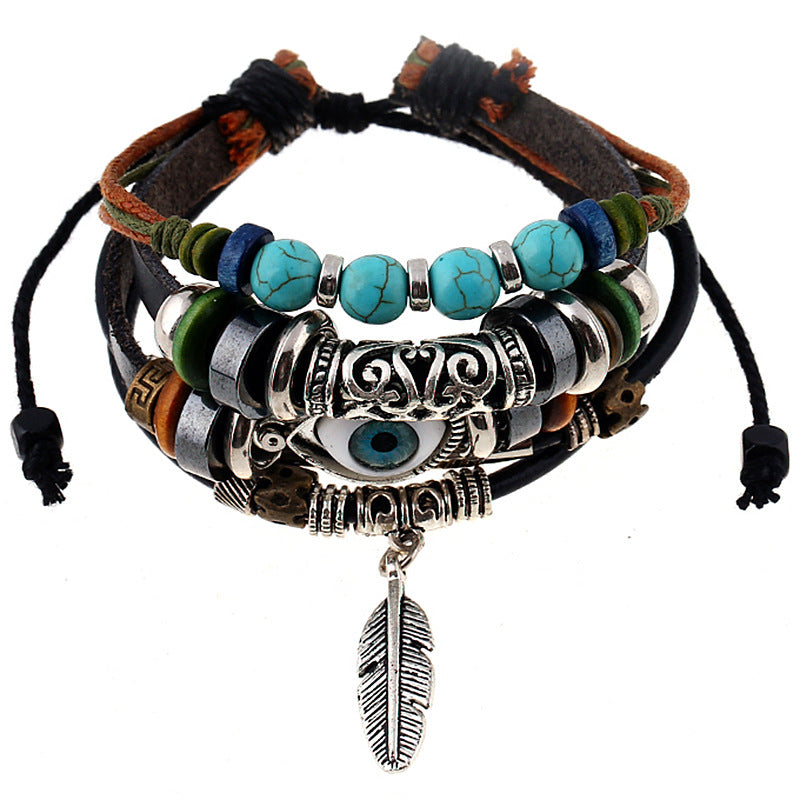 Blue Eyes Multi-layer Beaded Cowhide Bracelet