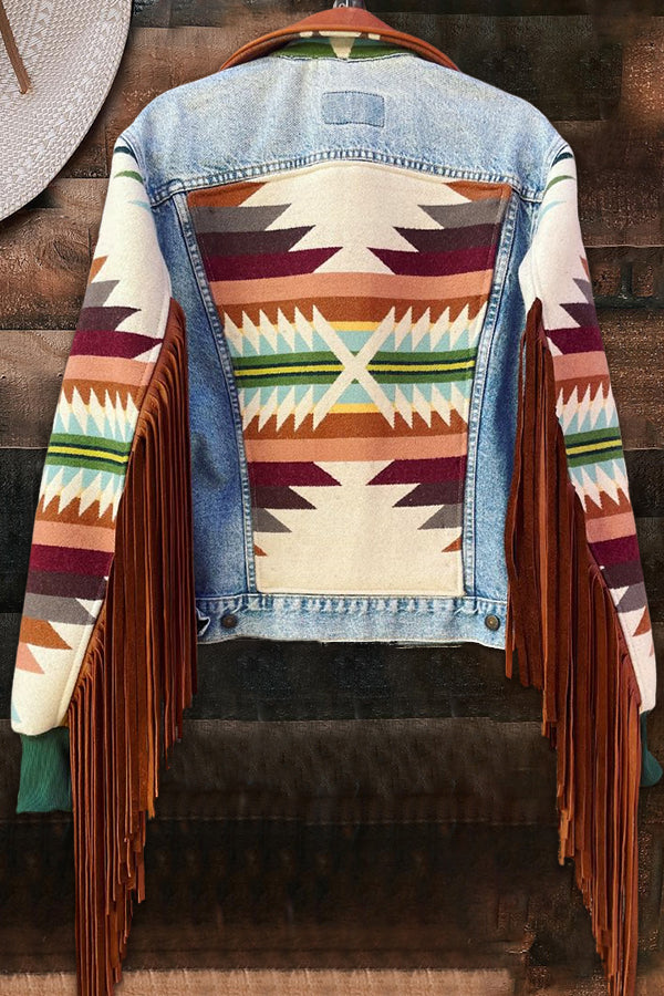 Vintage Washed Aztec Print Patchwork Denim Jacket
