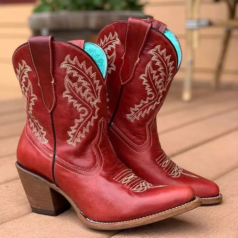 Embroidered Mid-Heel Leather Boots