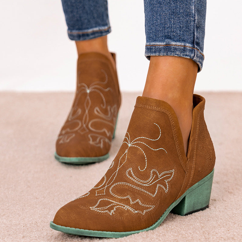 Brown Embroidered Chunky Heel Leather Boots