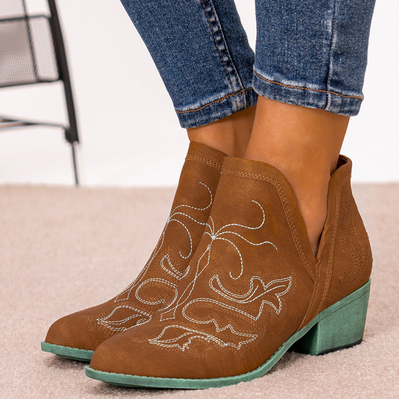 Brown Embroidered Chunky Heel Leather Boots