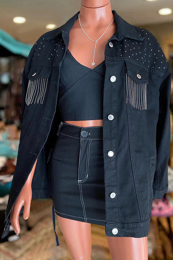 Casual Fringed Diamond Denim Jacket