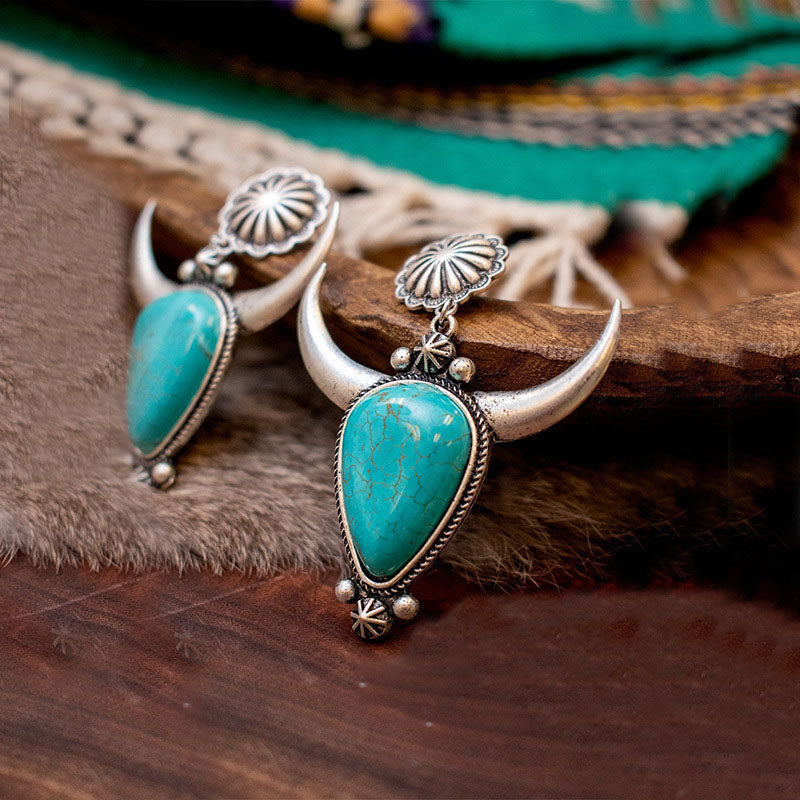 Boho Bullhead Flower Turquoise Earrings