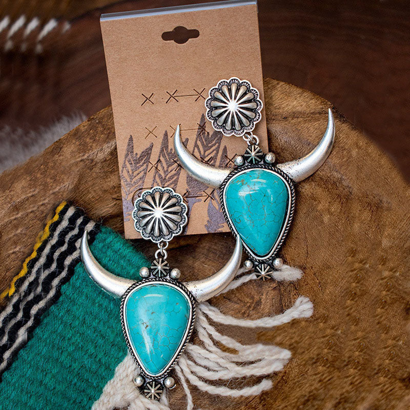 Boho Bullhead Flower Turquoise Earrings
