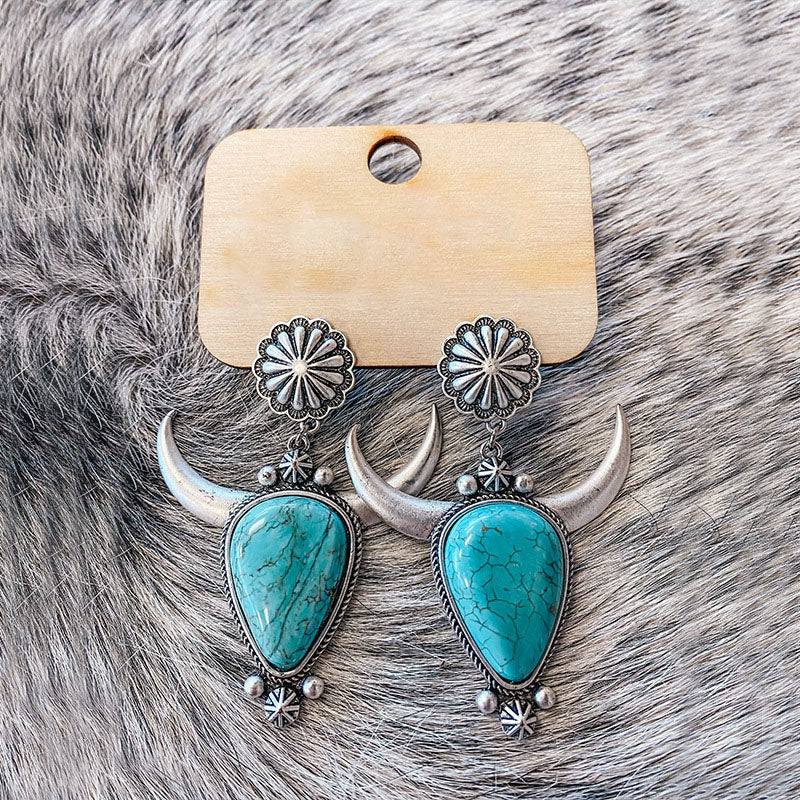 Boho Bullhead Flower Turquoise Earrings